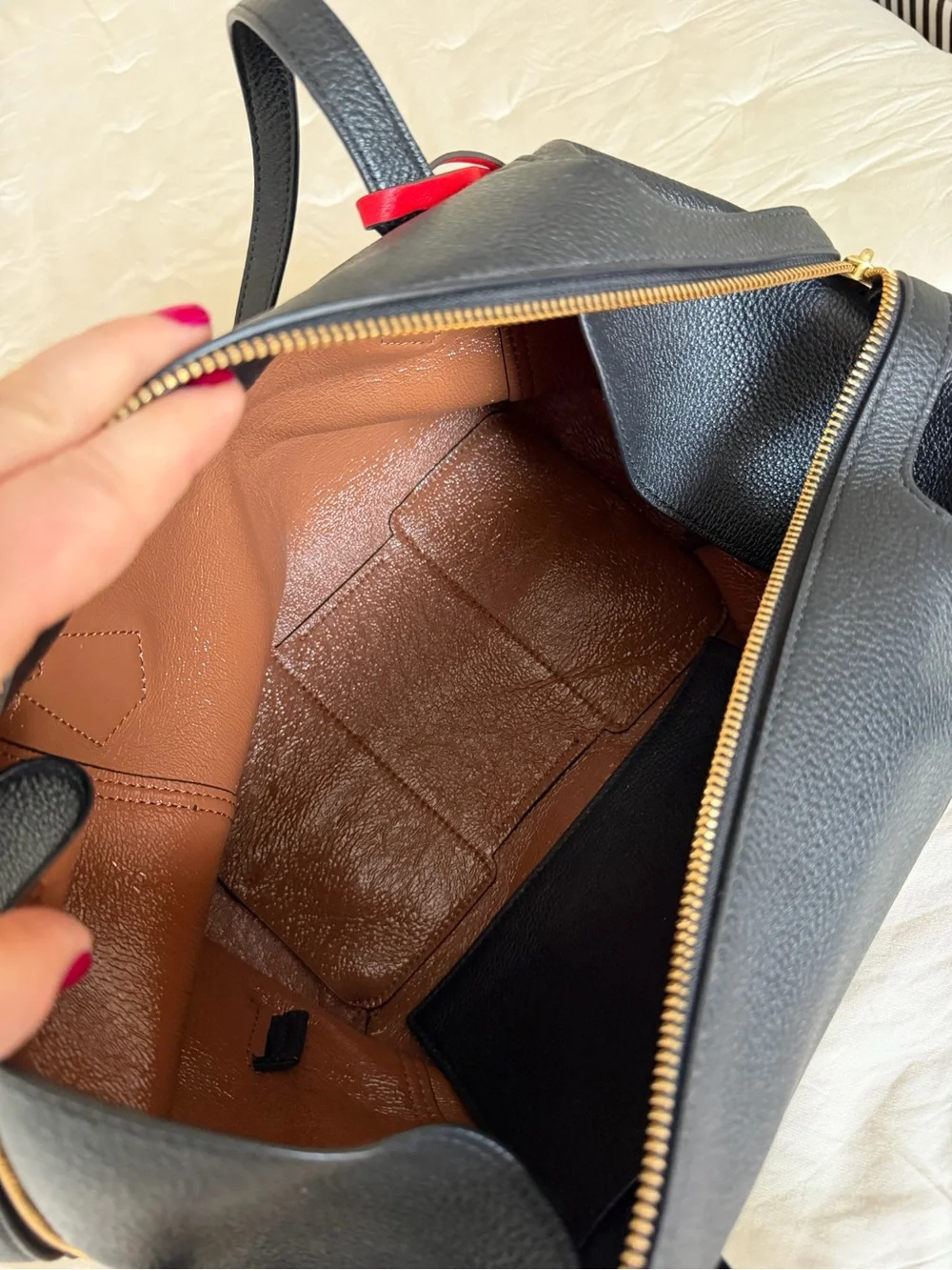Tory Burch Black Pebbled Leather Tote with Red Tag Accent
